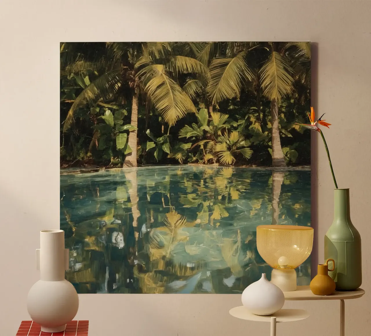 Palm Trees Reflected in Water canvas with Floater frame by DesignDoodle