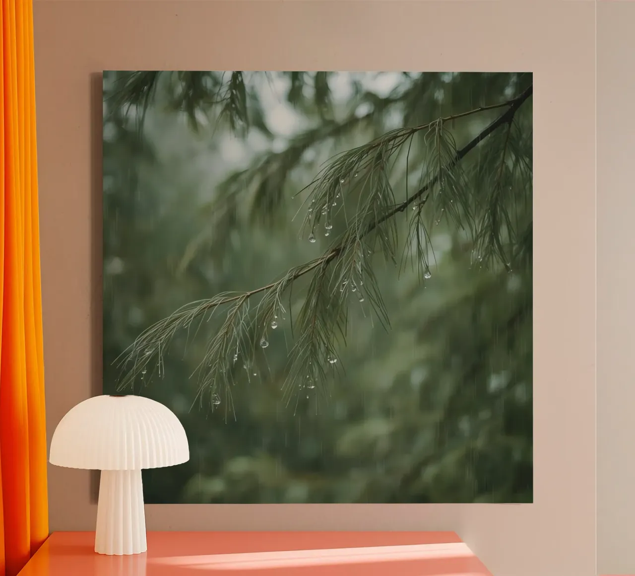 Ramo di pino e gocce di pioggia tela con Cornice a cassetta da DesignDoodle