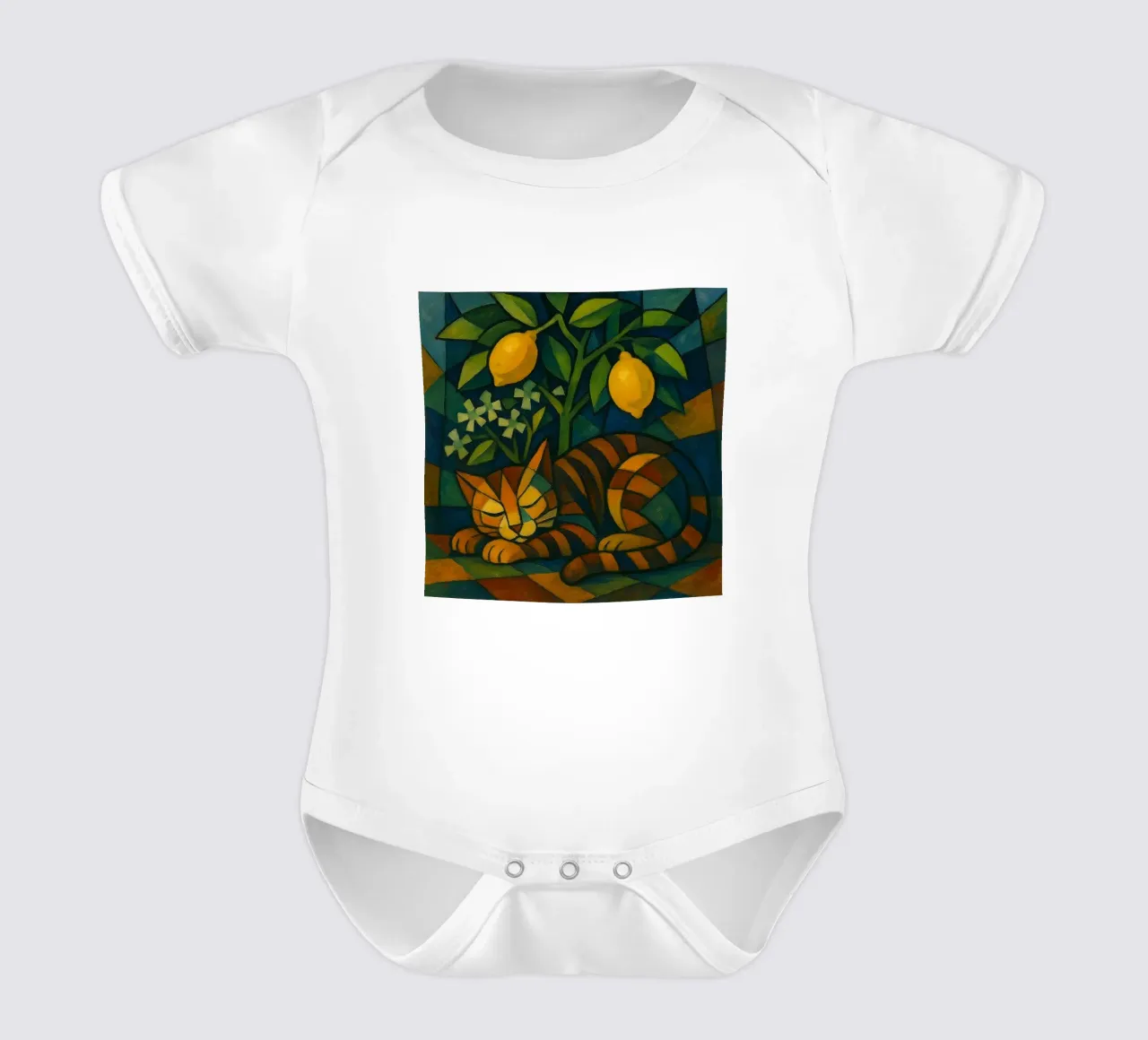 Sleeping Cat in Citrus Shade body neonato maniche corte da LemonCat Studio