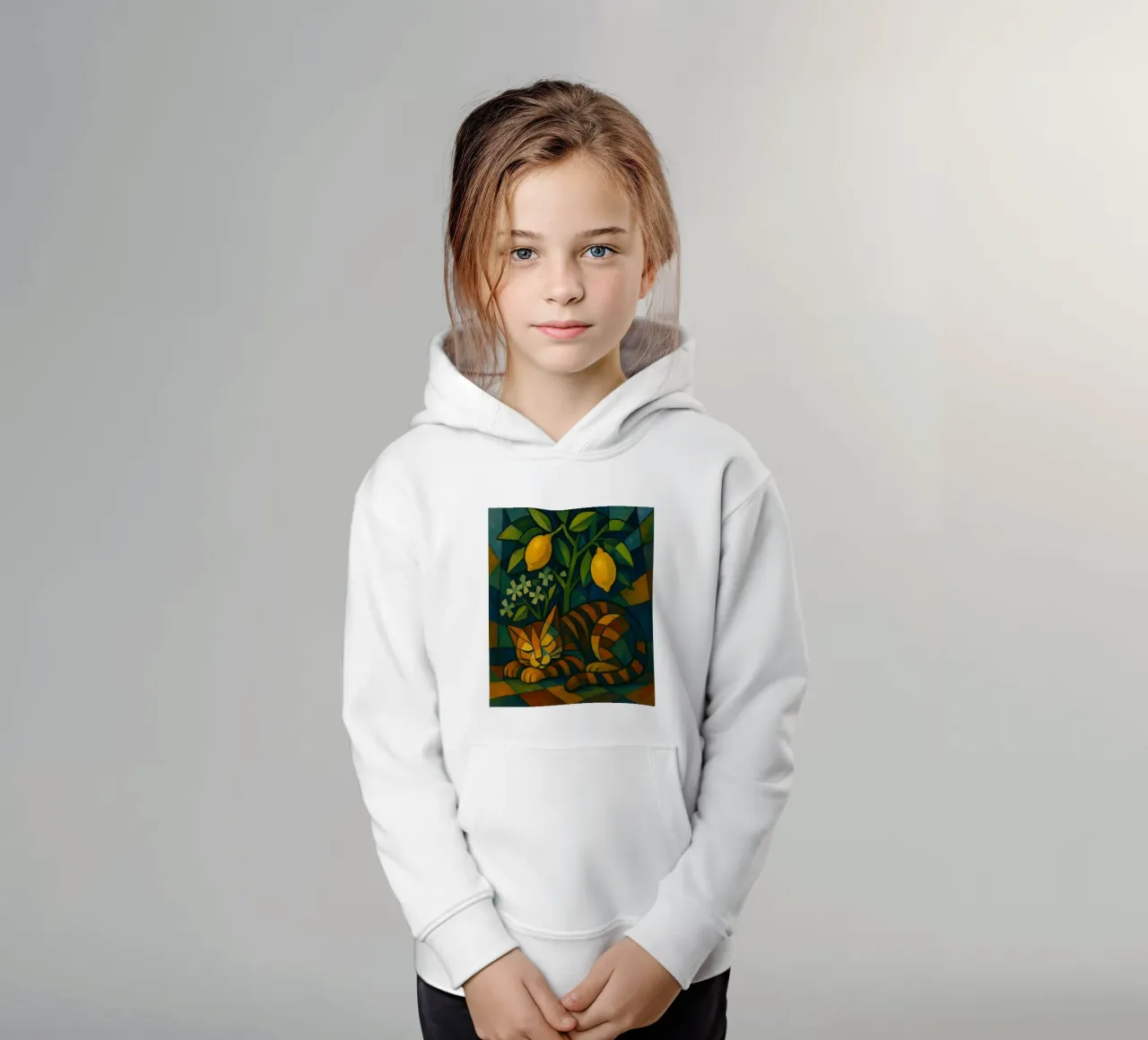 Sleeping Cat in Citrus Shade felpa bambino con cappuccio da LemonCat Studio