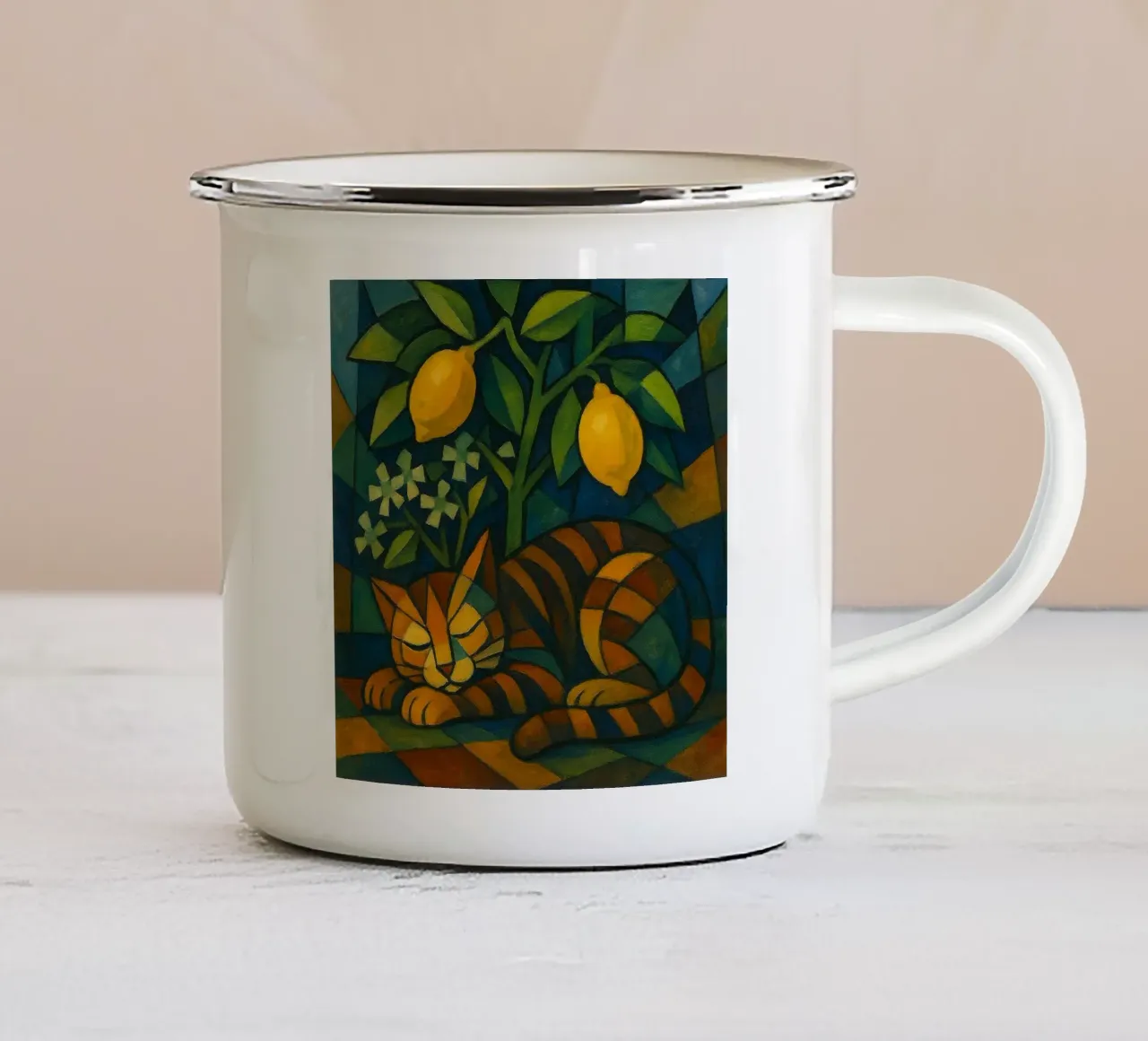 Sleeping Cat in Citrus Shade tazza in smalto da LemonCat Studio