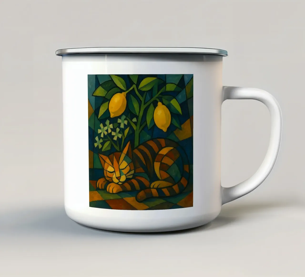 Sleeping Cat in Citrus Shade tazza in smalto da LemonCat Studio