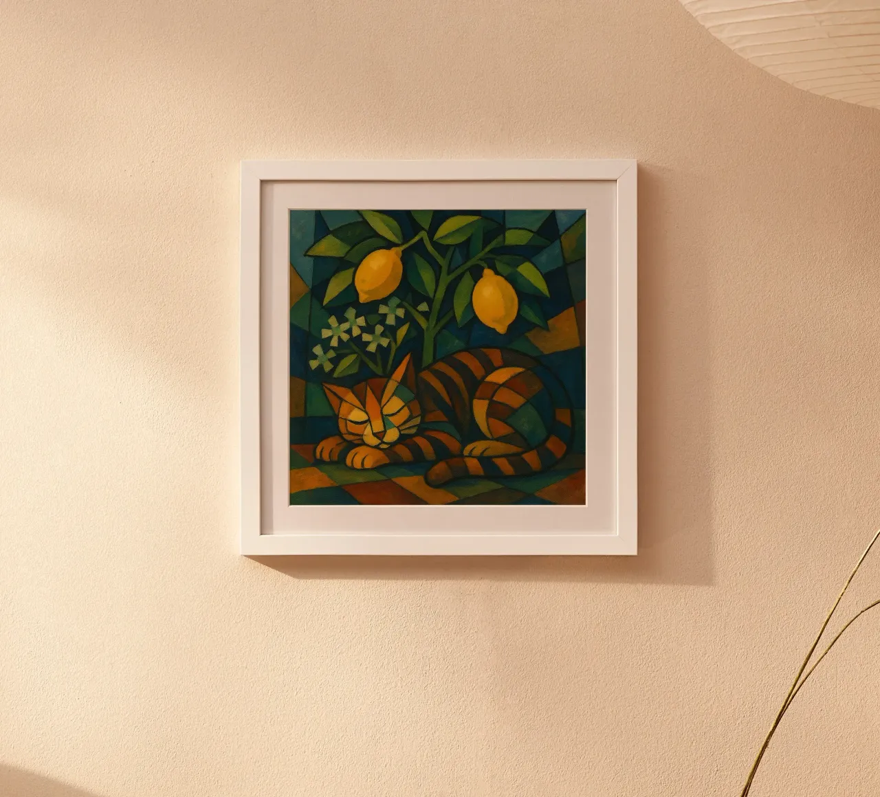 Sleeping Cat in Citrus Shade poster with wooden frame by LemonCat Studio