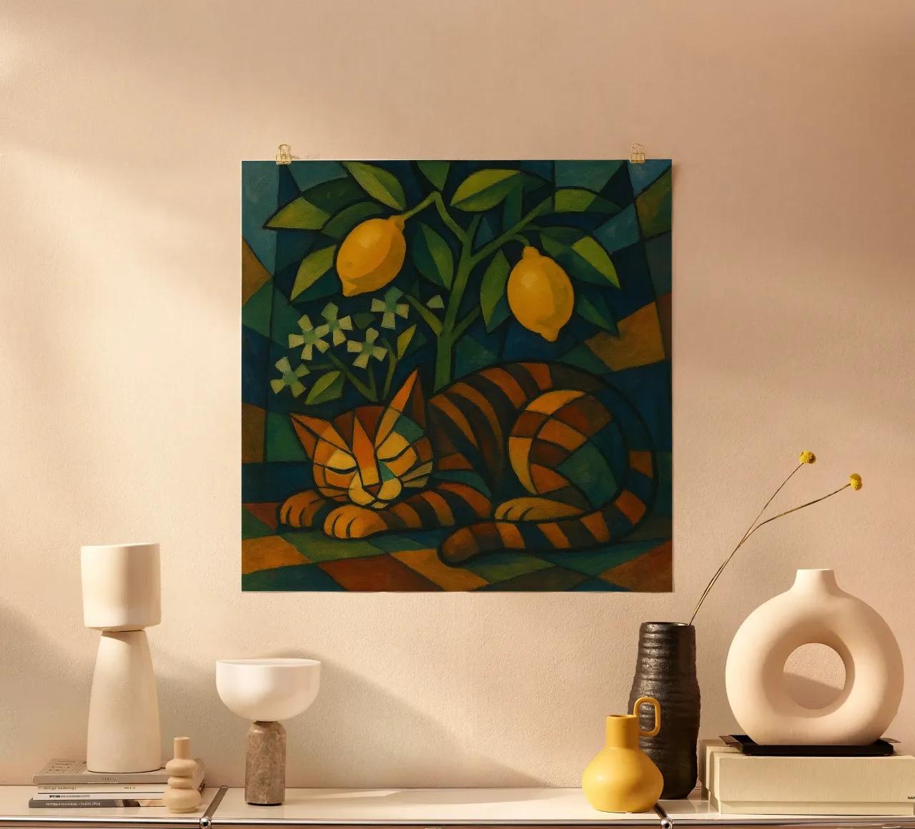 Sleeping Cat in Citrus Shade poster with wooden frame by LemonCat Studio