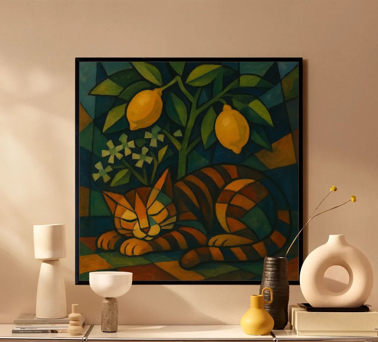 Sleeping Cat in Citrus Shade poster with wooden frame by LemonCat Studio