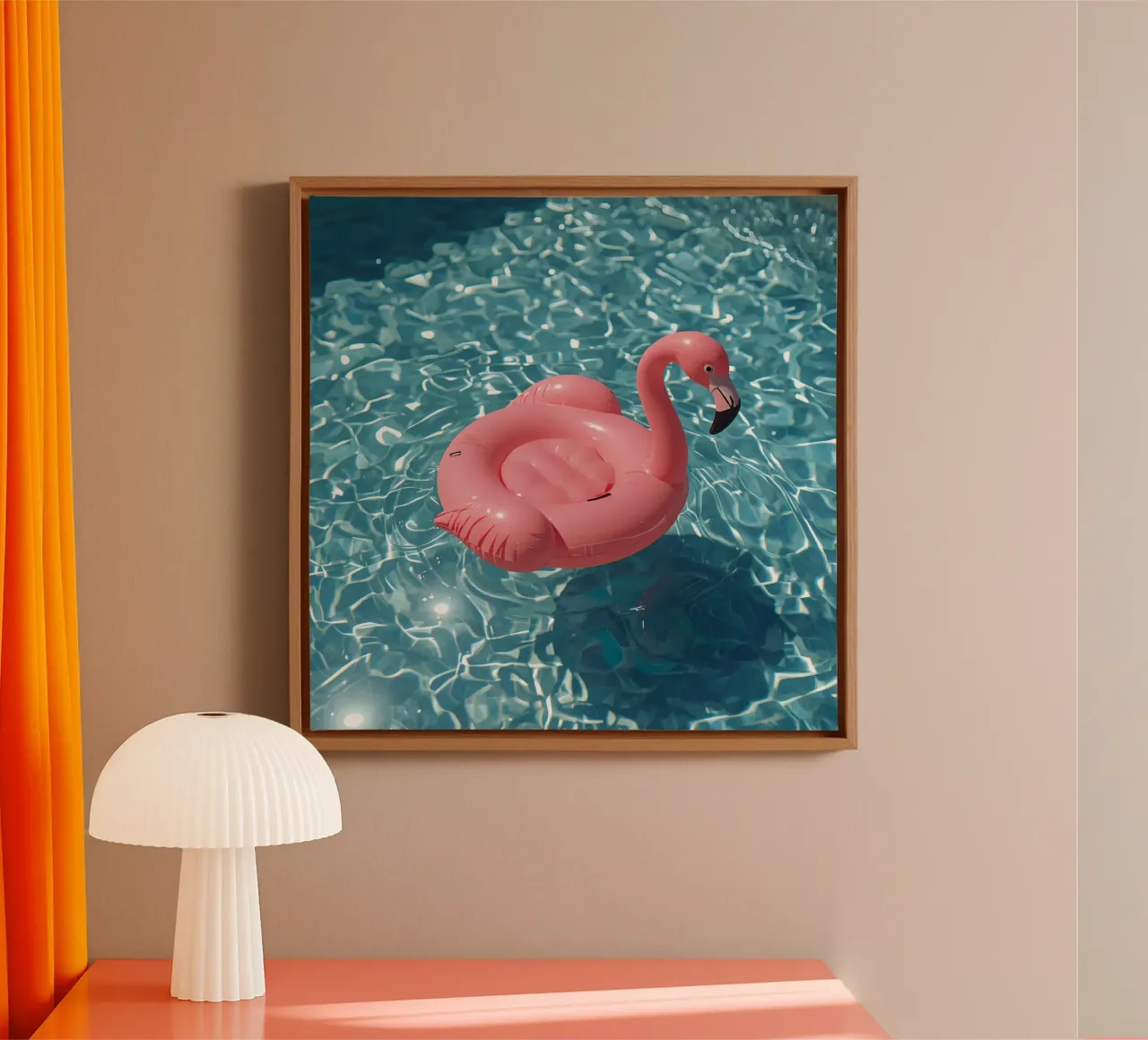 Pink Flamingo Inflatable in Pool Water canvas with Floater frame by DesignDoodle