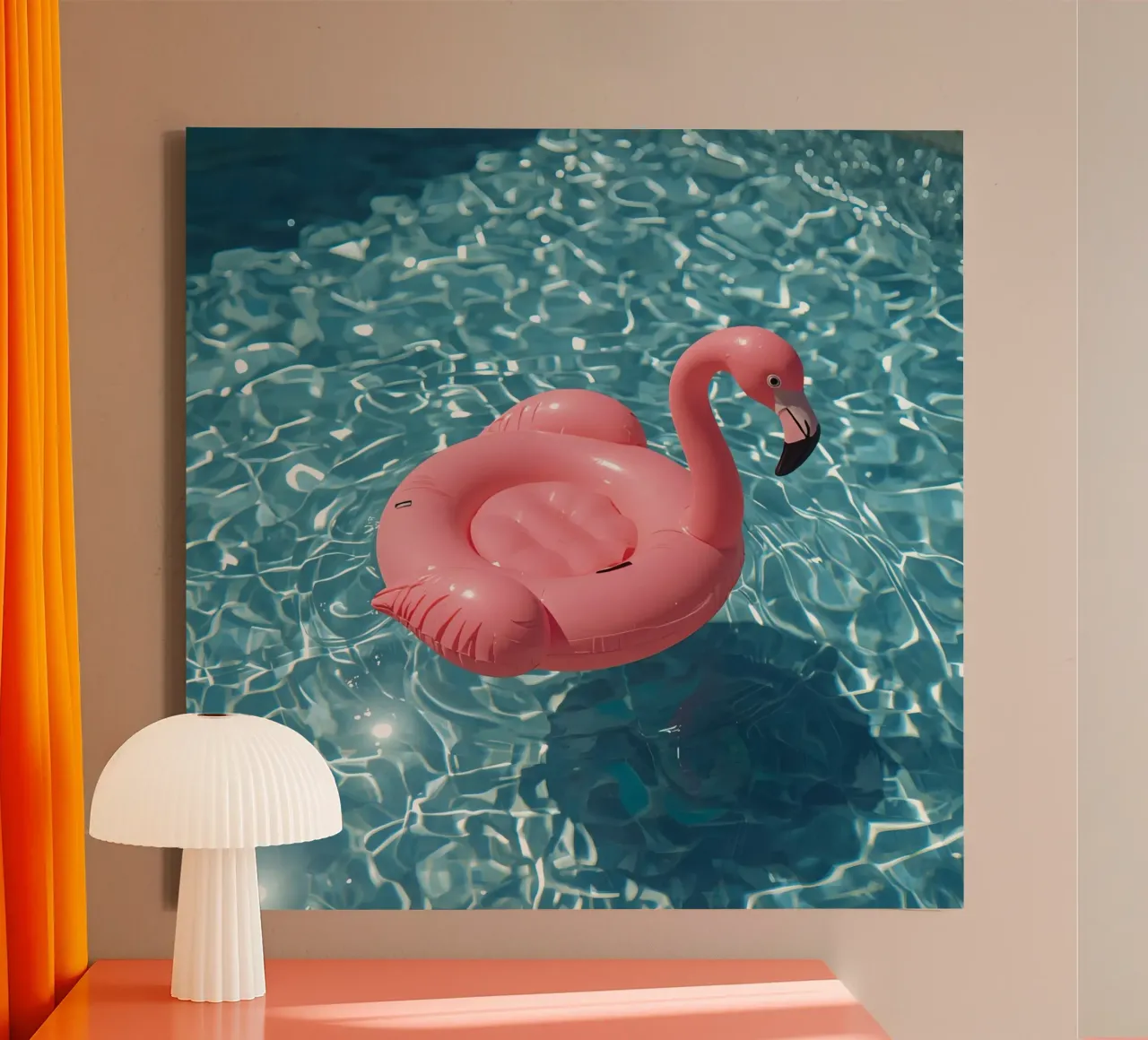 Pink Flamingo Inflatable in Pool Water canvas with Floater frame by DesignDoodle