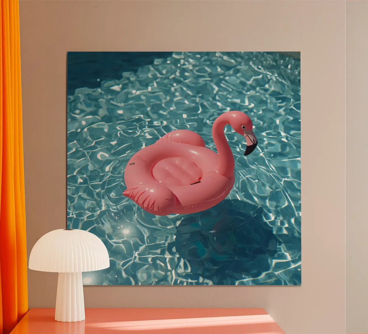 Rosa Flamingo aufblasbar im Pool Wasser Poster mit Holzrahmen von DesignDoodle