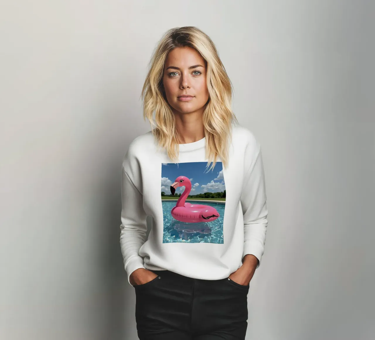 Pink Inflatable Flamingo Pool Float in Swimming Pool sweatshirt by DesignDoodle