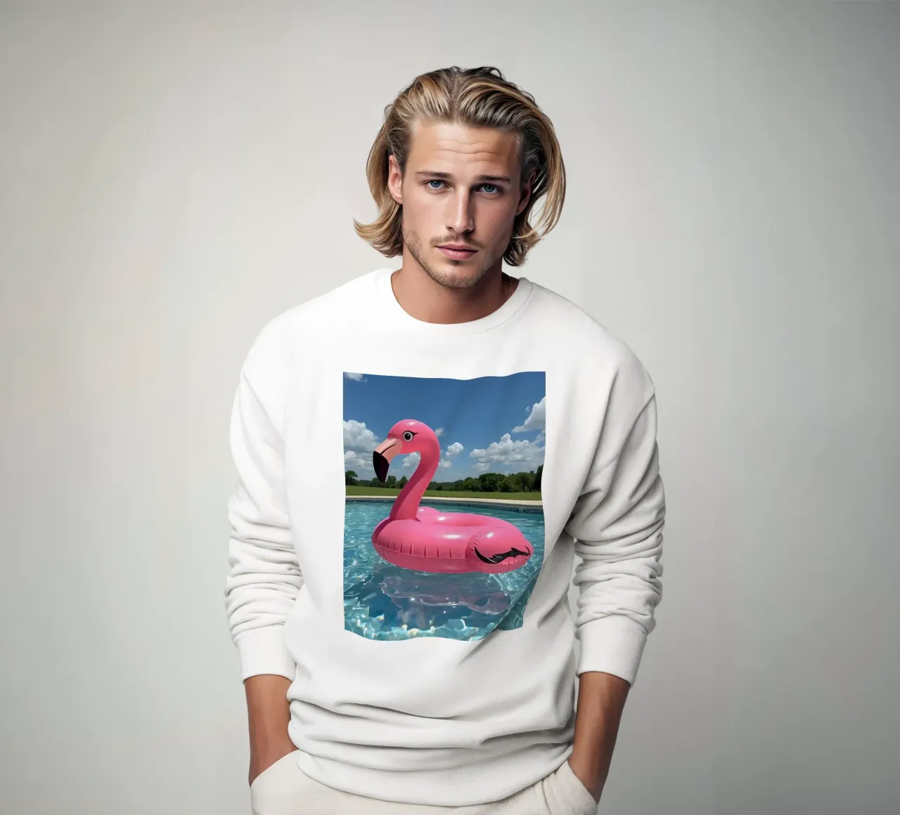 Pink Inflatable Flamingo Pool Float in Swimming Pool sweatshirt by DesignDoodle