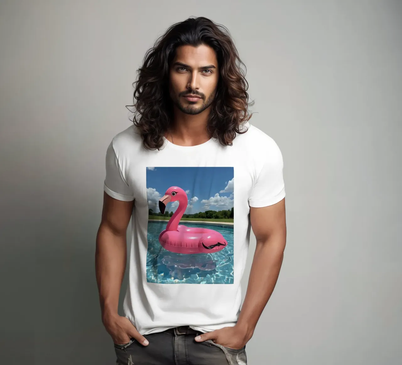 Pink Inflatable Flamingo Pool Float in Swimming Pool t-shirt by DesignDoodle