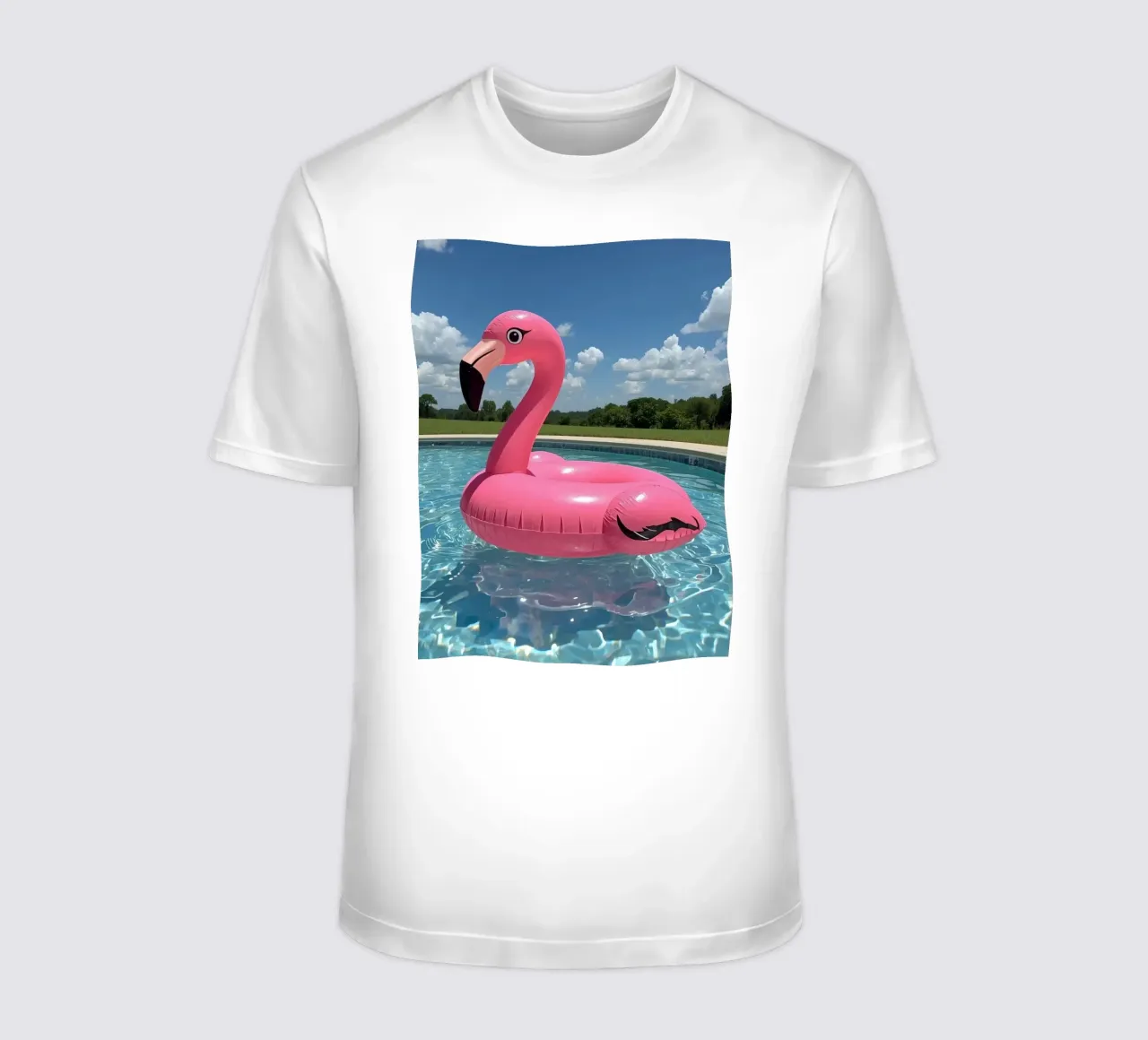 Pink Inflatable Flamingo Pool Float in Swimming Pool t-shirt by DesignDoodle