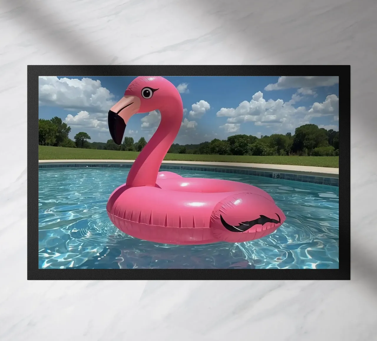 Pink Inflatable Flamingo Pool Float in Swimming Pool doormat by DesignDoodle