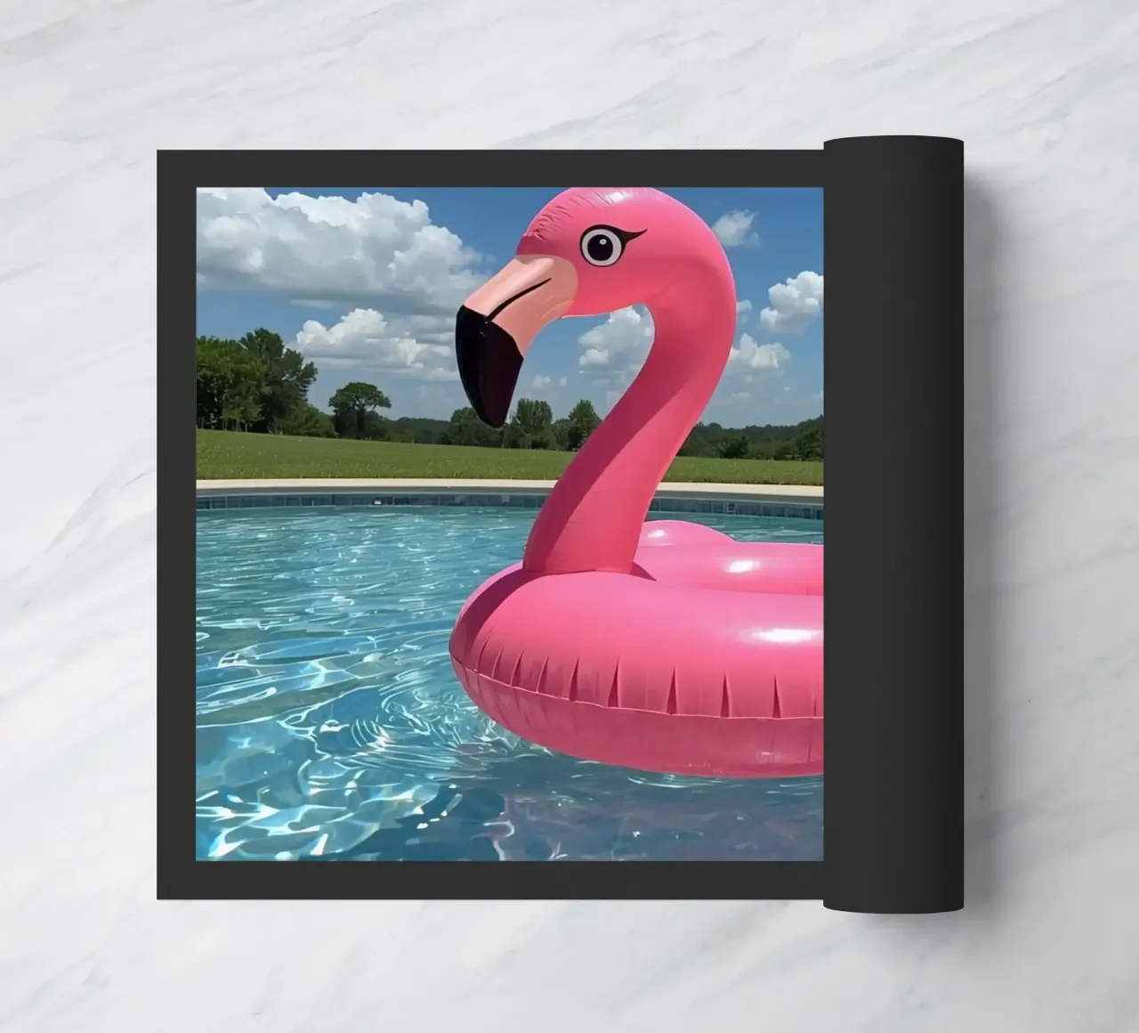 Pink Inflatable Flamingo Pool Float in Swimming Pool doormat by DesignDoodle