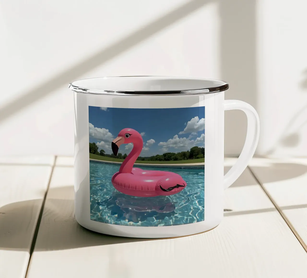 Pink Inflatable Flamingo Pool Float in Swimming Pool enamel mug by DesignDoodle