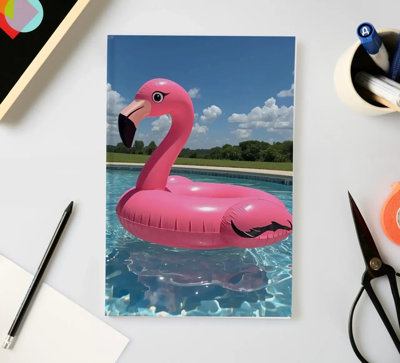 Pink Inflatable Flamingo Pool Float in Swimming Pool notebook by DesignDoodle