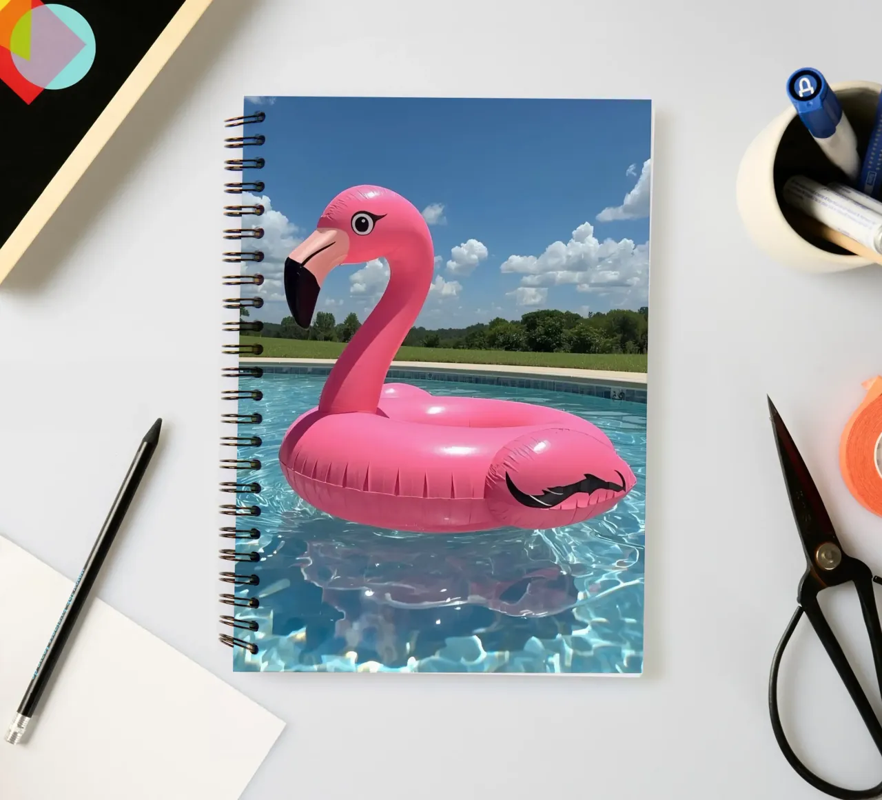 Pink Inflatable Flamingo Pool Float in Swimming Pool spiral notebook by DesignDoodle