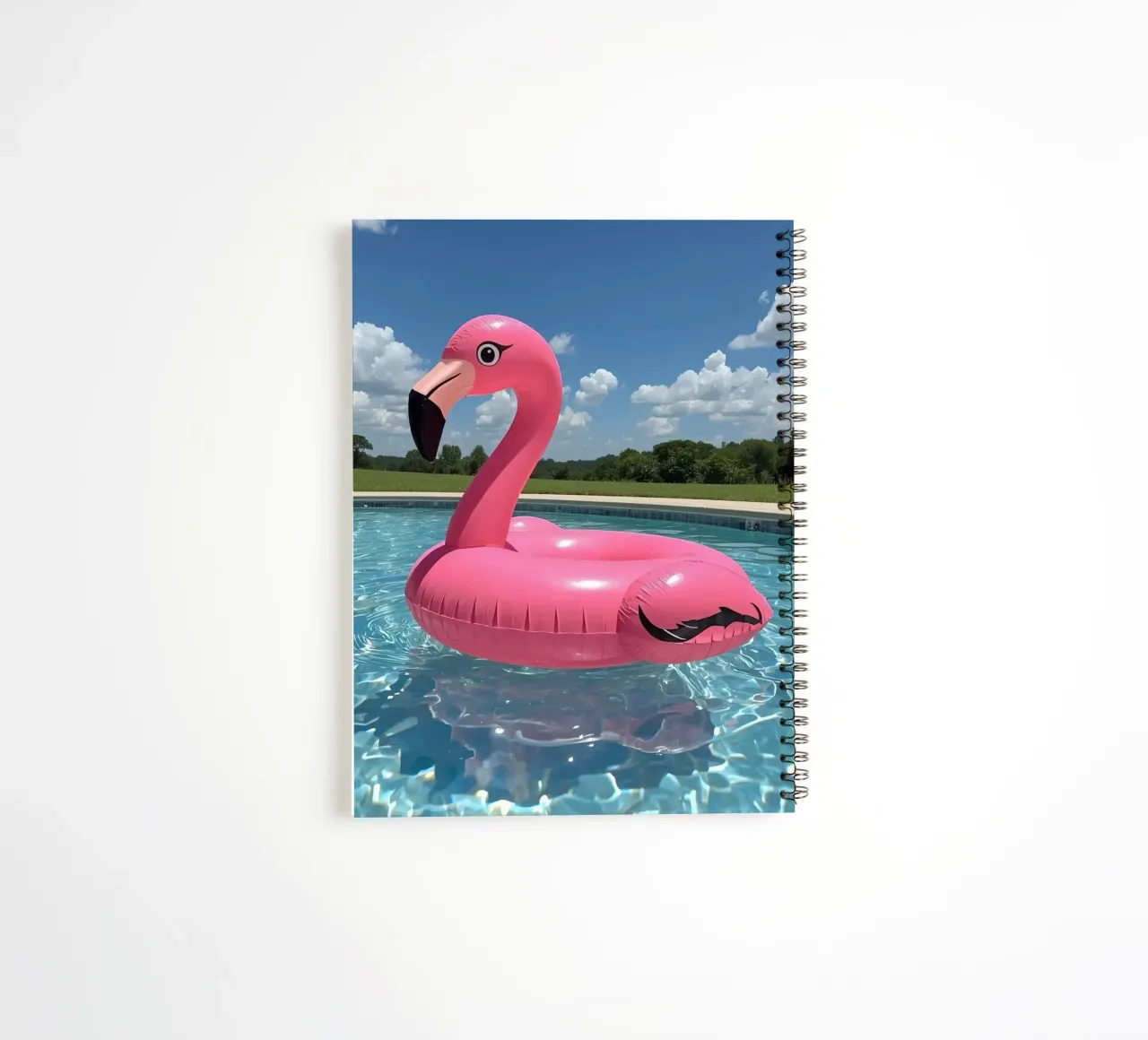 Pink Inflatable Flamingo Pool Float in Swimming Pool spiral notebook by DesignDoodle