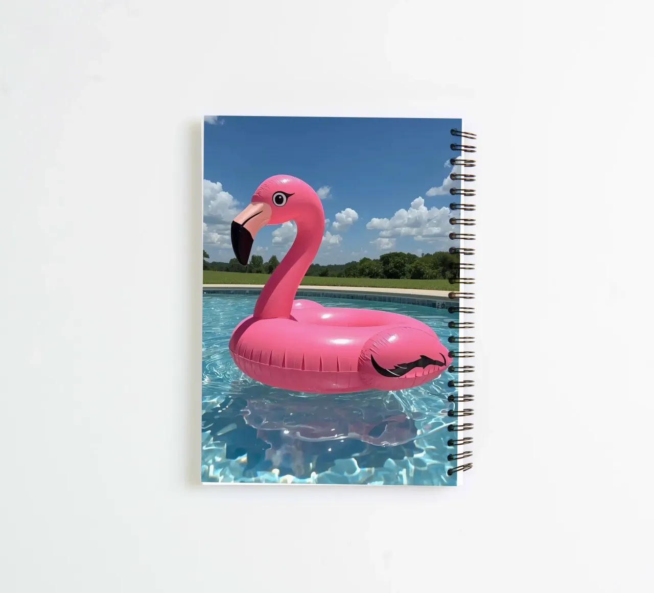 Pink Inflatable Flamingo Pool Float in Swimming Pool spiral notebook by DesignDoodle
