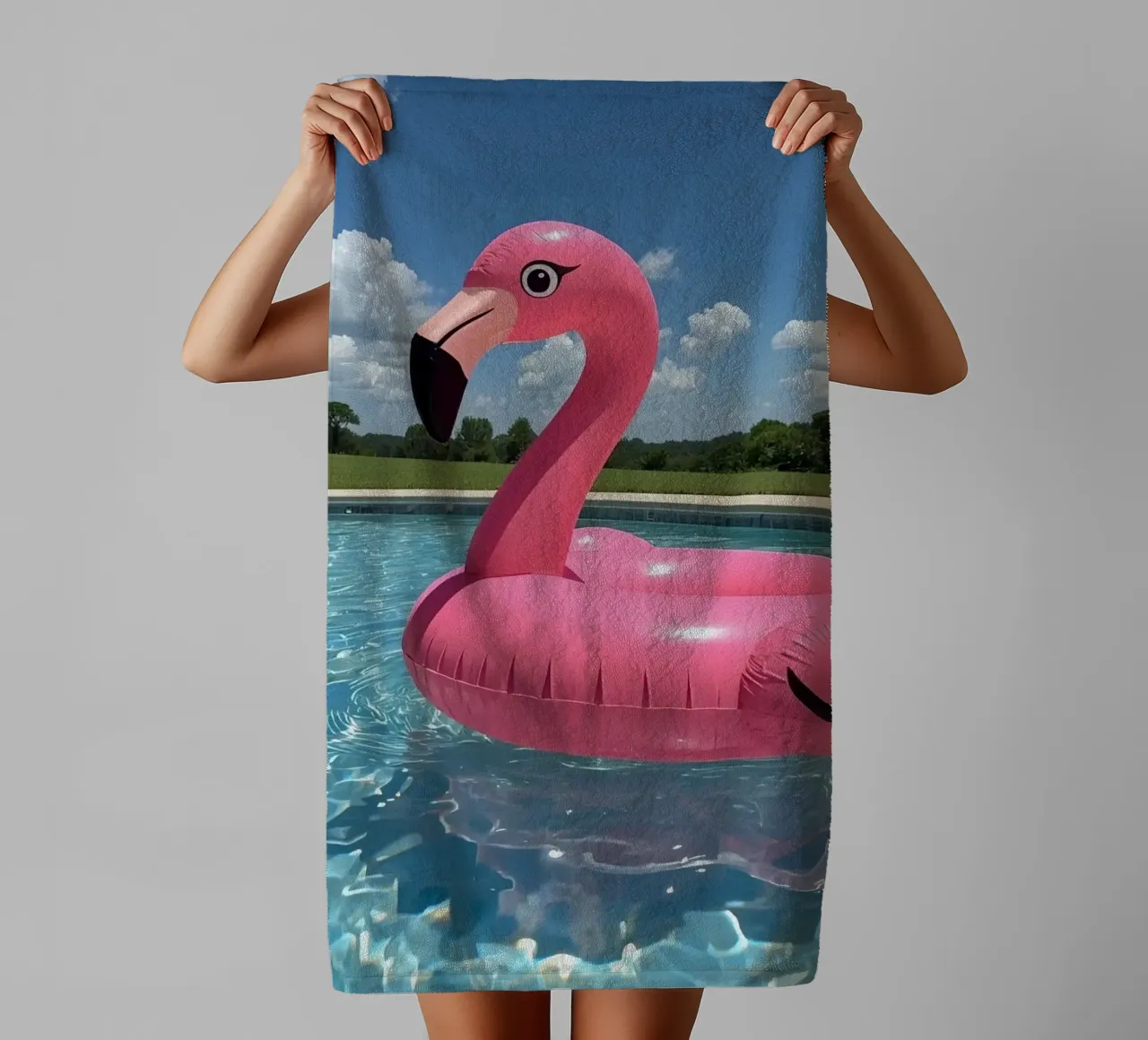 Pink Inflatable Flamingo Pool Float in Swimming Pool towel by DesignDoodle