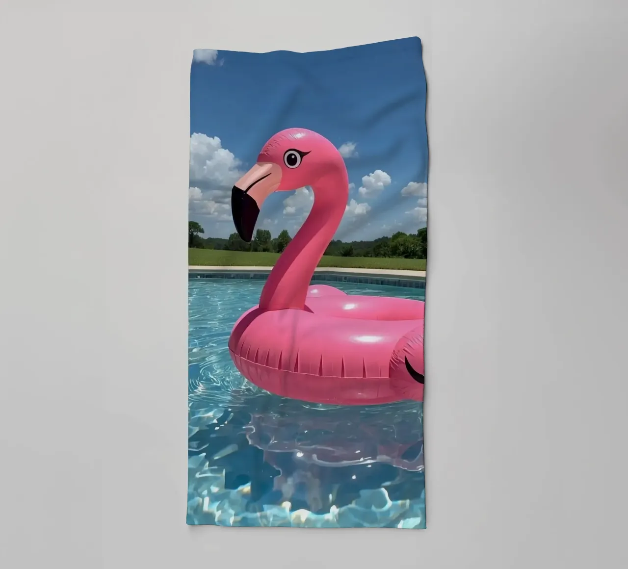 Pink Inflatable Flamingo Pool Float in Swimming Pool towel by DesignDoodle