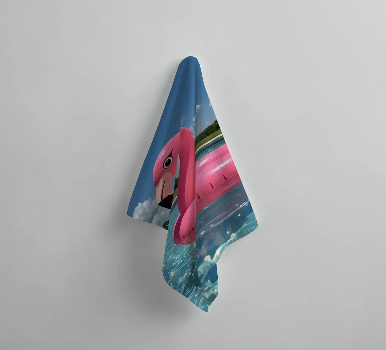 Pink Inflatable Flamingo Pool Float in Swimming Pool towel by DesignDoodle