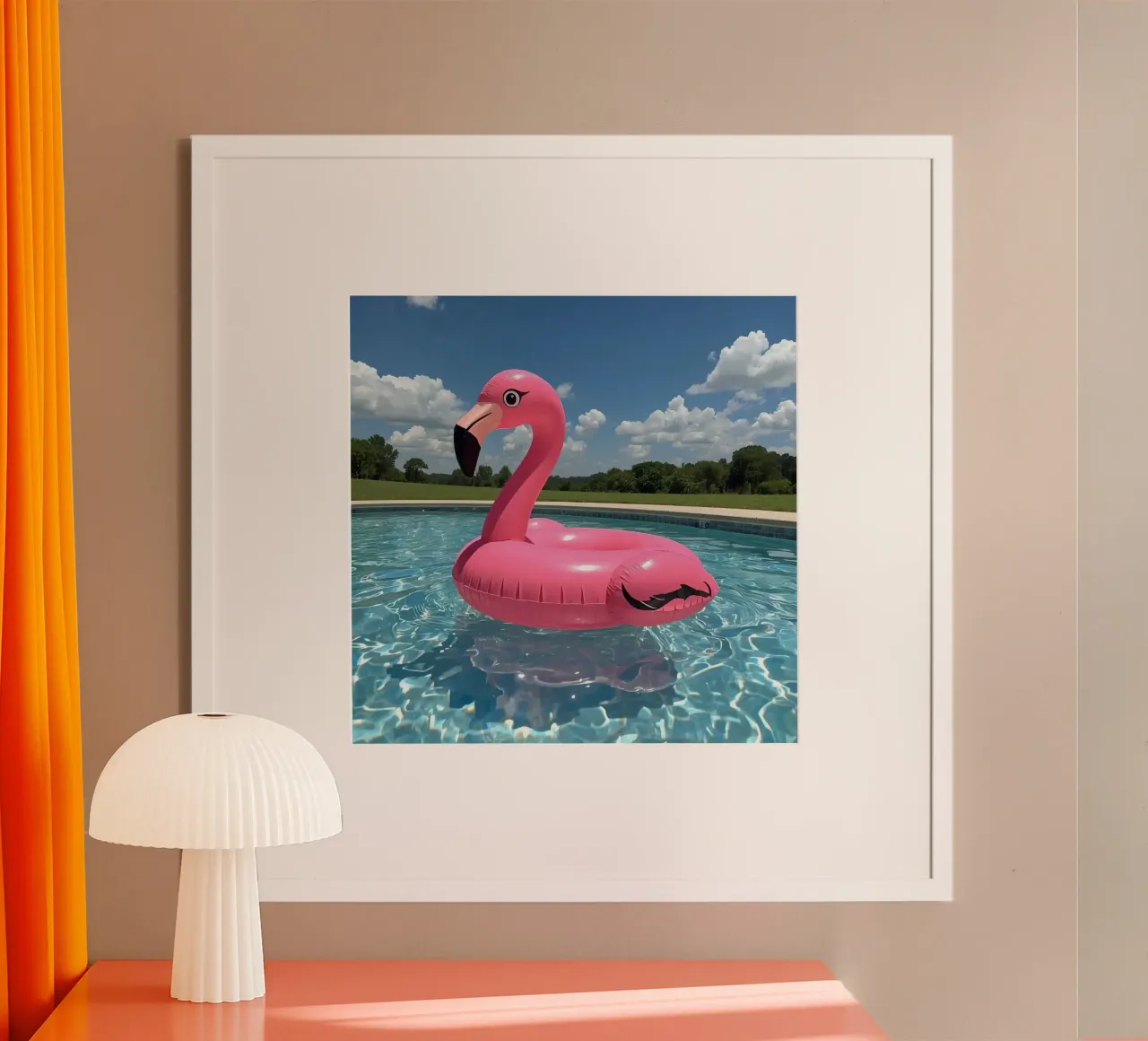 Rosa aufblasbare Flamingo Pool Float im Schwimmbad Poster mit Kunststoffrahmen von DesignDoodle