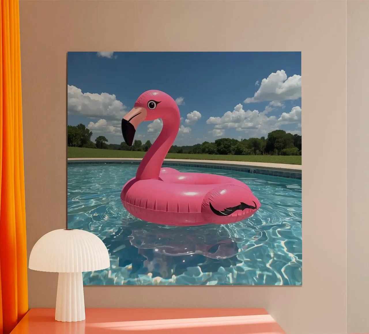 Rosa aufblasbare Flamingo Pool Float im Schwimmbad Poster mit Kunststoffrahmen von DesignDoodle
