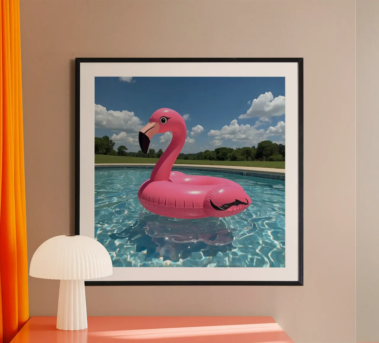 Rosa aufblasbare Flamingo Pool Float im Schwimmbad Poster mit Kunststoffrahmen von DesignDoodle