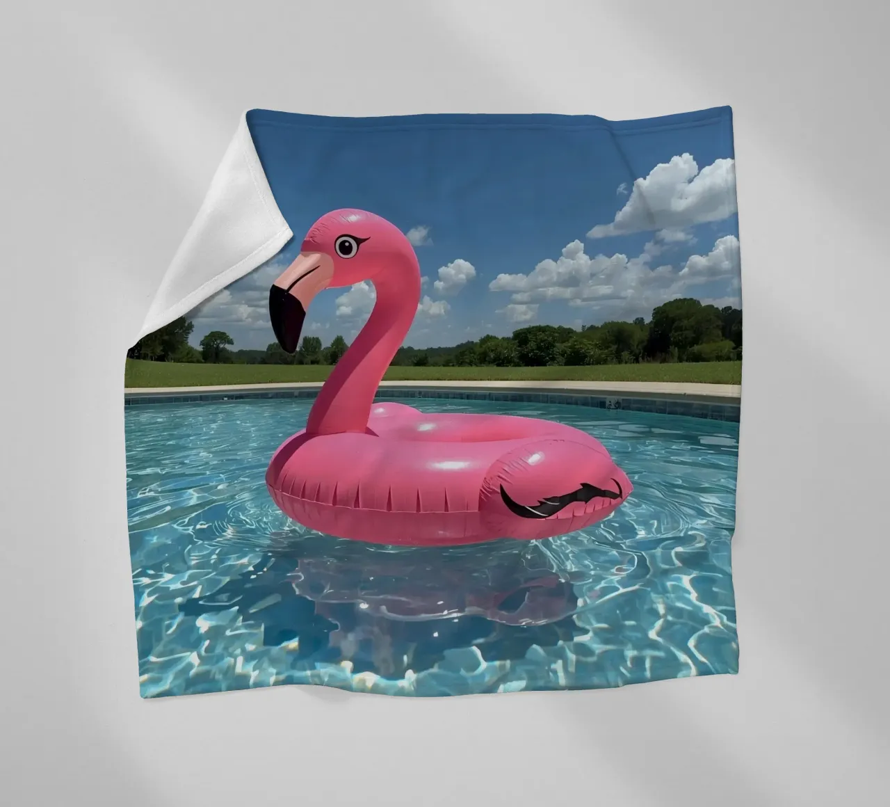 Pink Inflatable Flamingo Pool Float in Swimming Pool fleece blanket by DesignDoodle