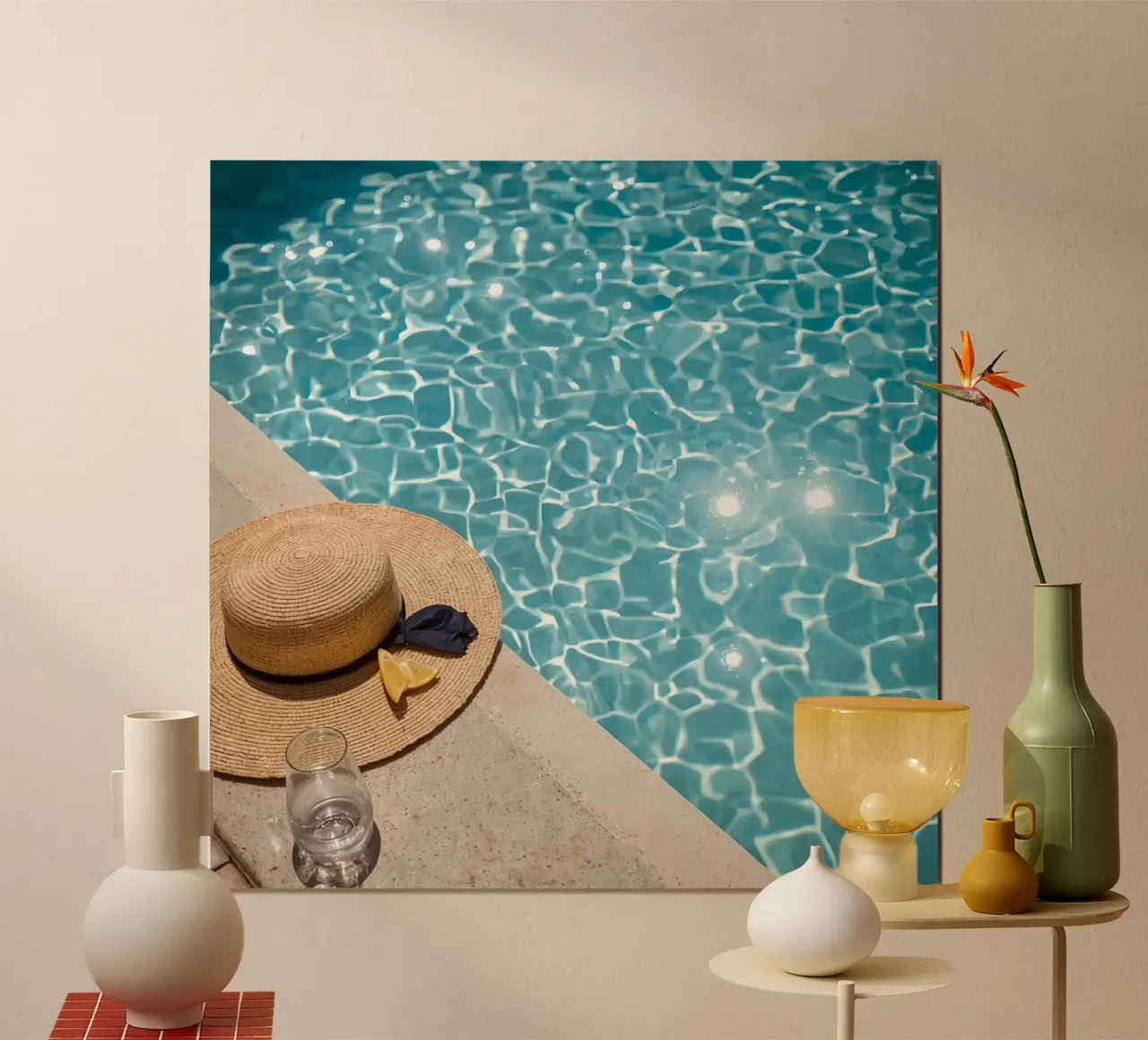 Cappello a bordo piscina, limone e bicchiere d'acqua poster da DesignDoodle