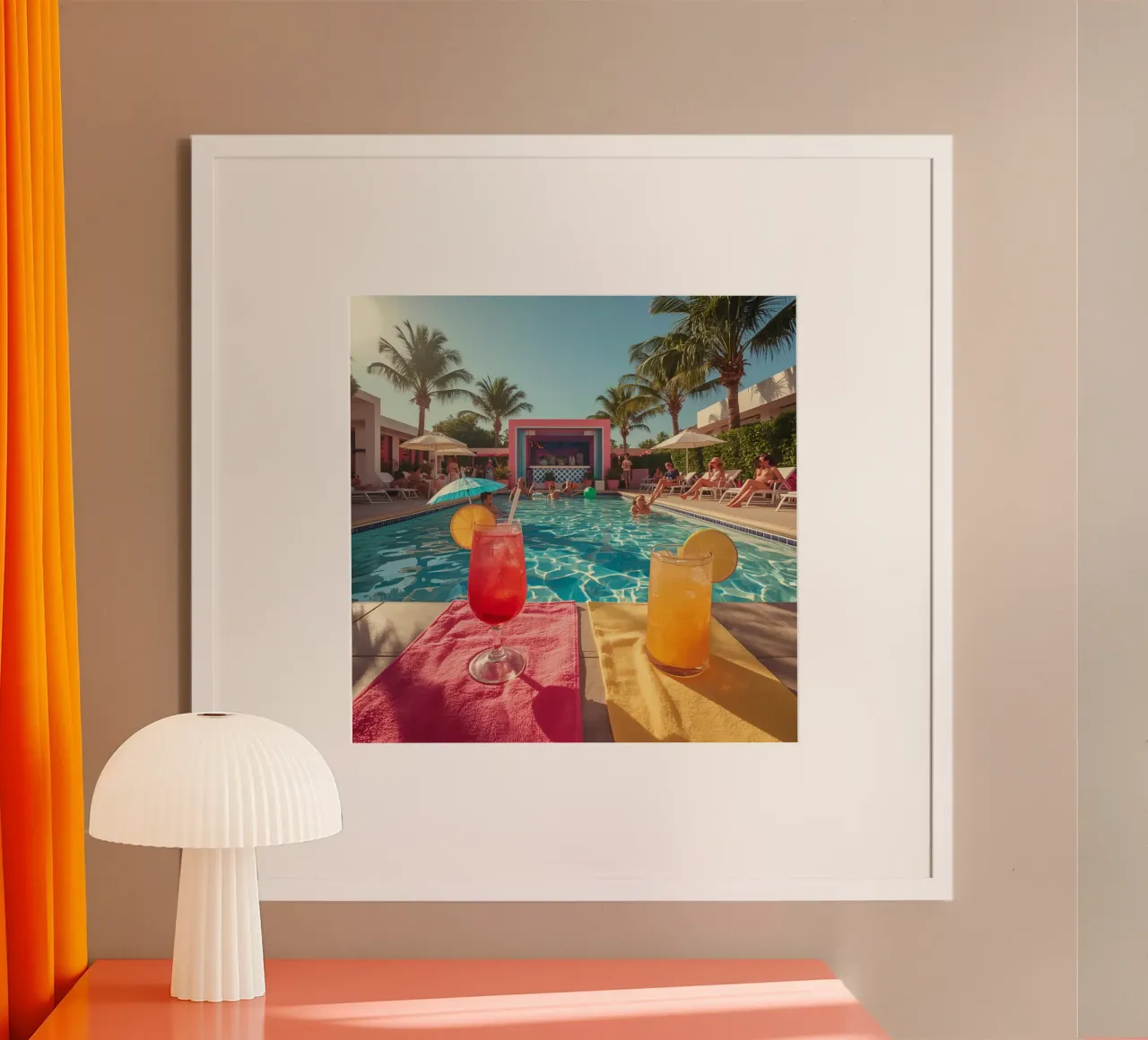 Scena a bordo piscina con cocktail Piscina e persone poster con telaio in alluminio da DesignDoodle