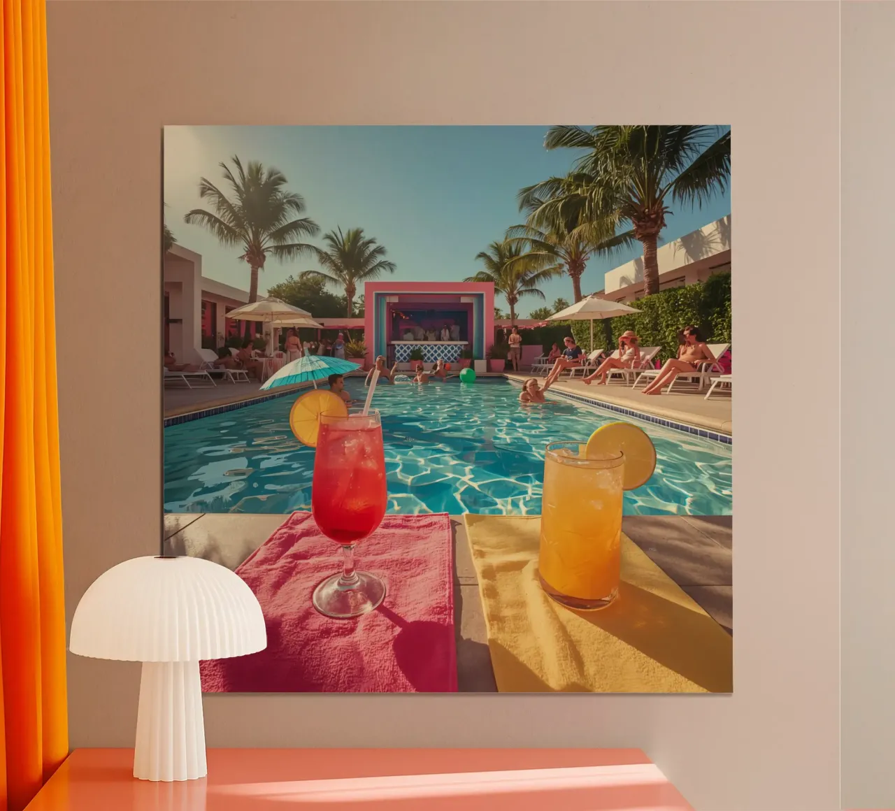 Scena a bordo piscina con cocktail Piscina e persone poster con telaio in alluminio da DesignDoodle