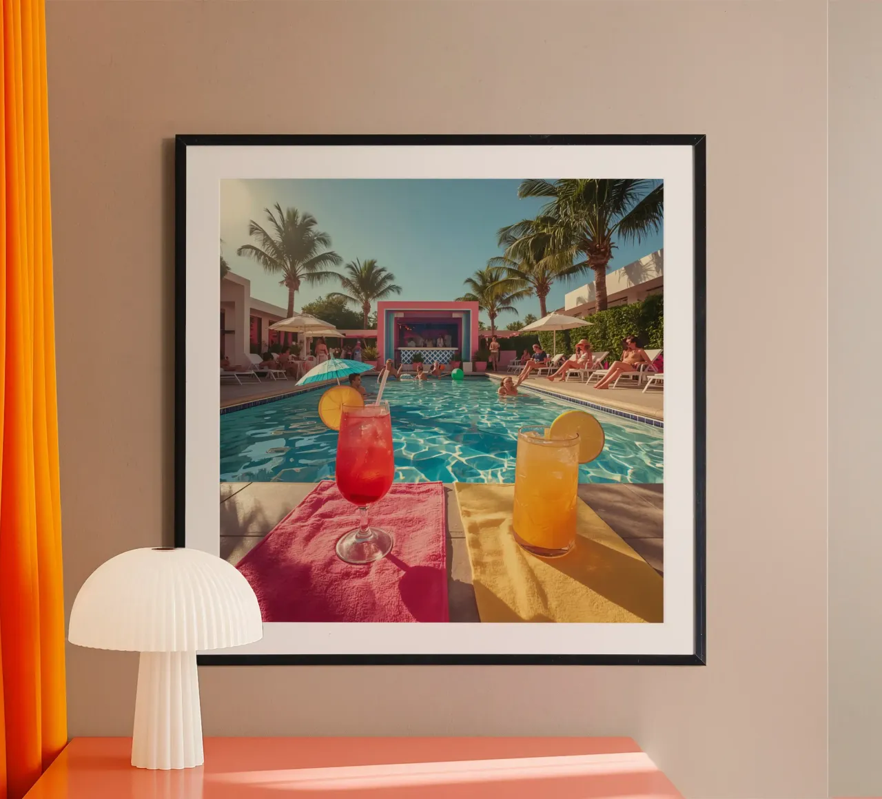 Scena a bordo piscina con cocktail Piscina e persone poster con telaio in alluminio da DesignDoodle