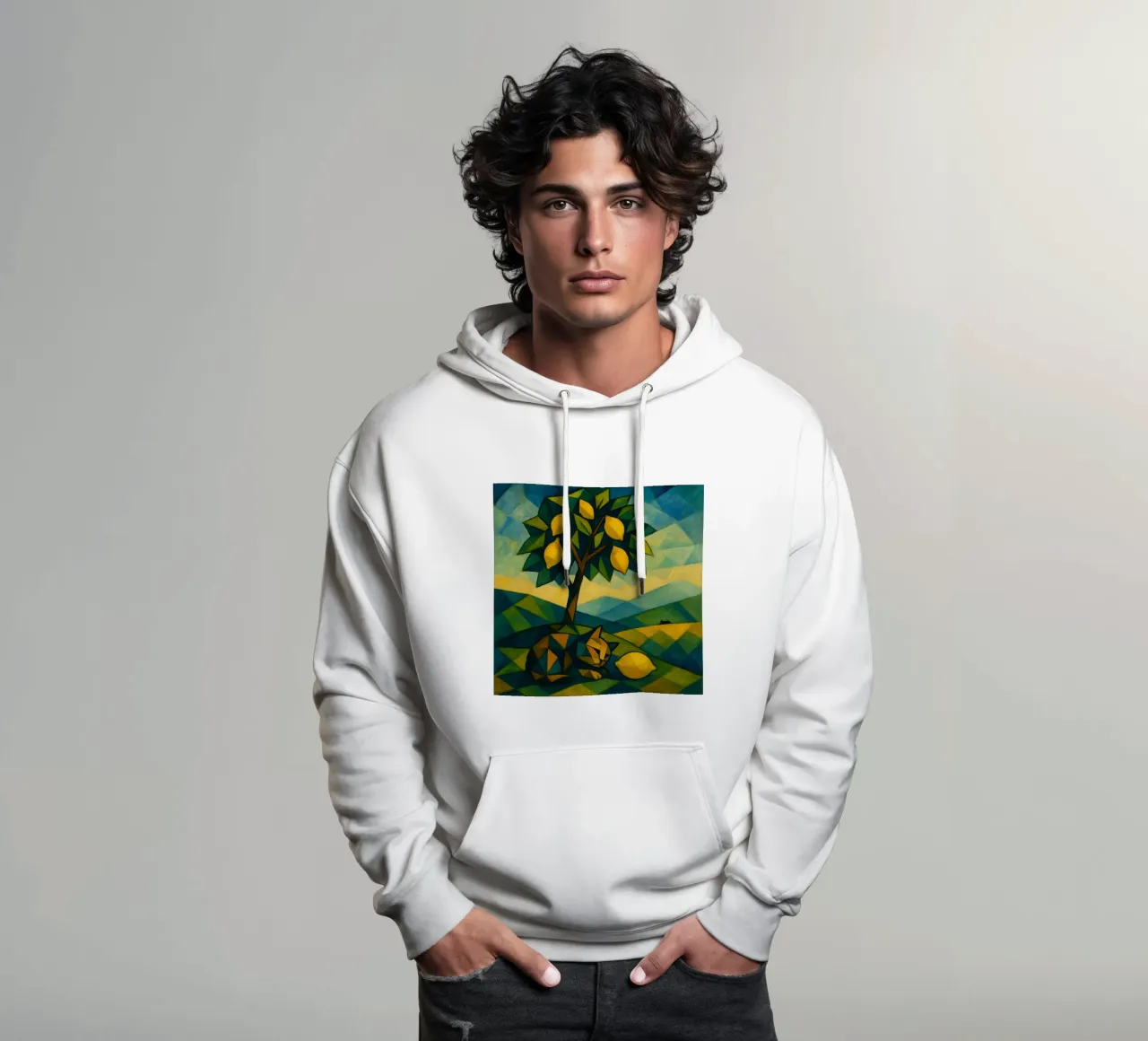 Cubist Lemon Hill with Distant Cat felpa con cappuccio da LemonCat Studio