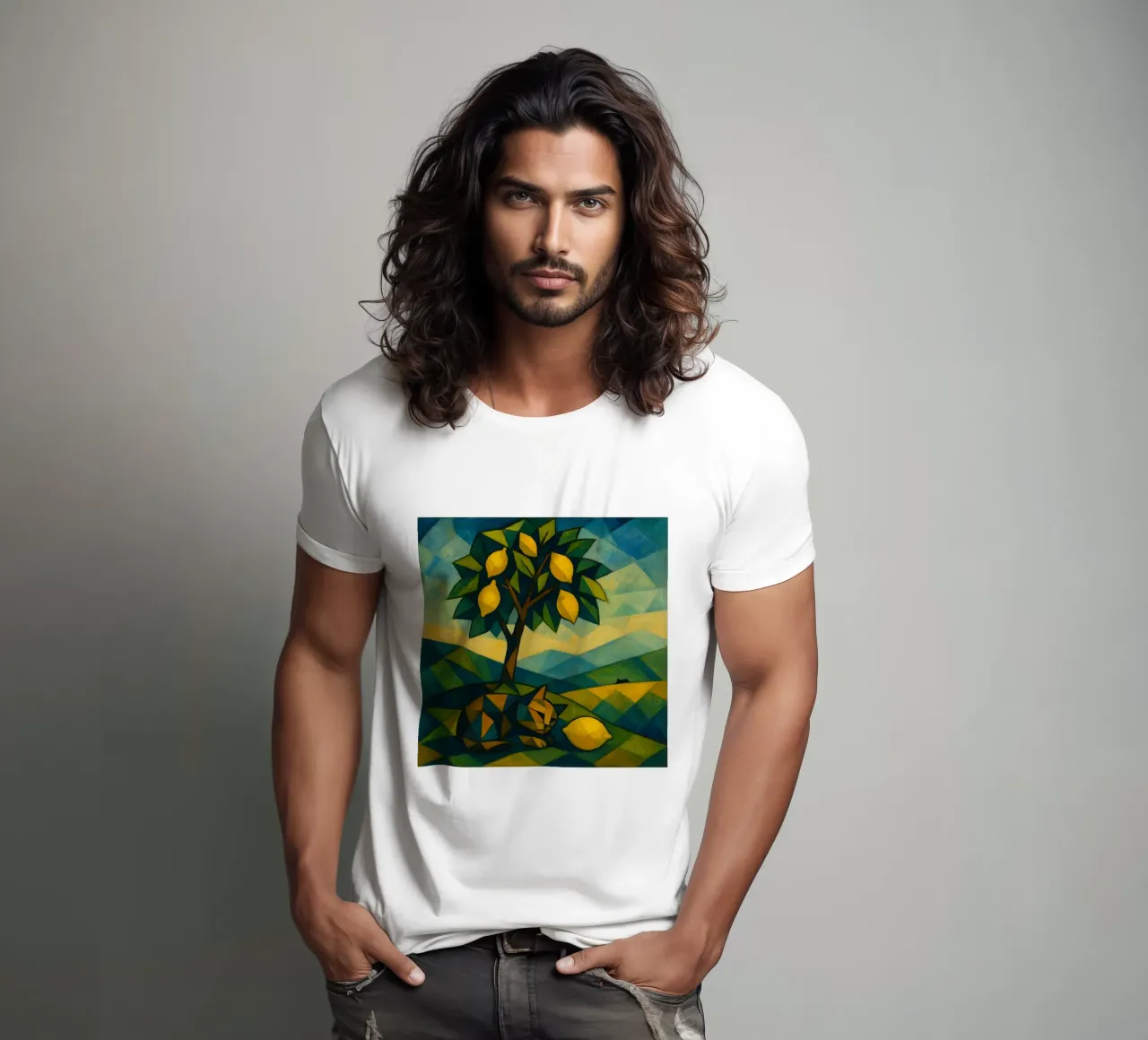 Cubist Lemon Hill with Distant Cat t-shirt da LemonCat Studio