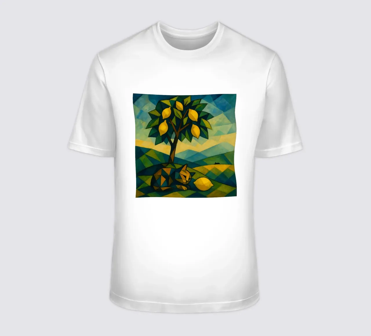 Cubist Lemon Hill with Distant Cat t-shirt da LemonCat Studio