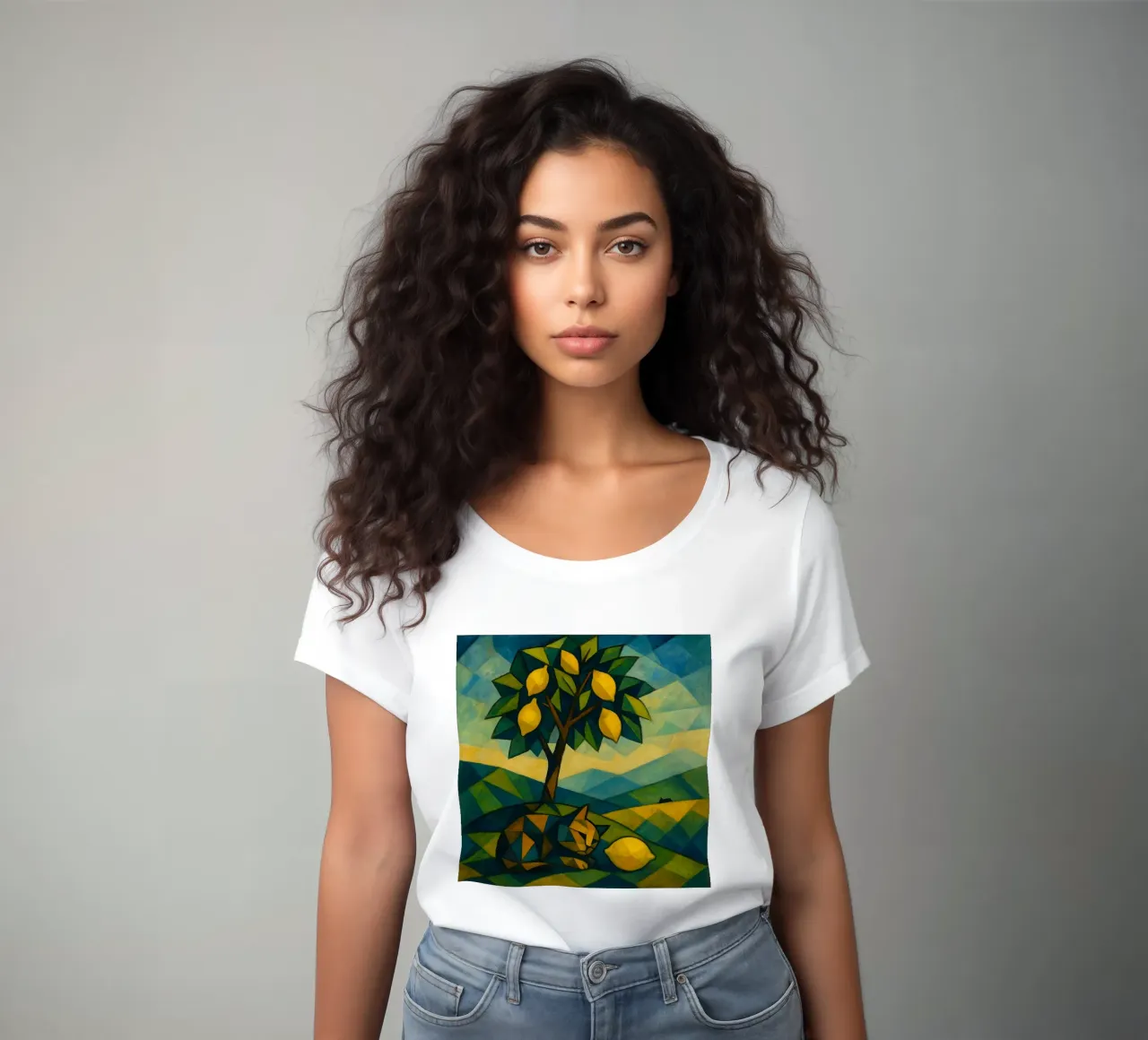 Cubist Lemon Hill with Distant Cat t-shirt da donna da LemonCat Studio