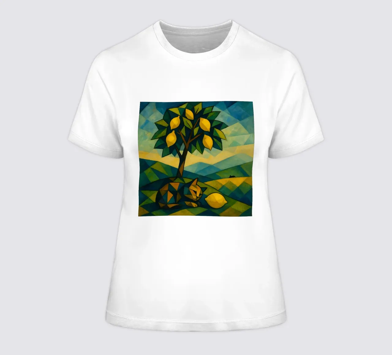Cubist Lemon Hill with Distant Cat t-shirt da donna da LemonCat Studio