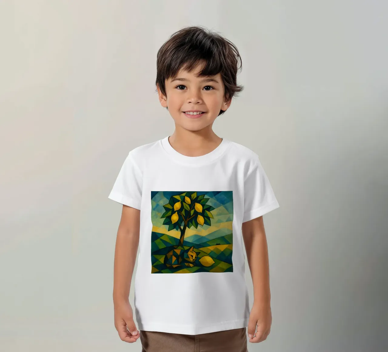 Cubist Lemon Hill with Distant Cat t-shirt bambini da LemonCat Studio