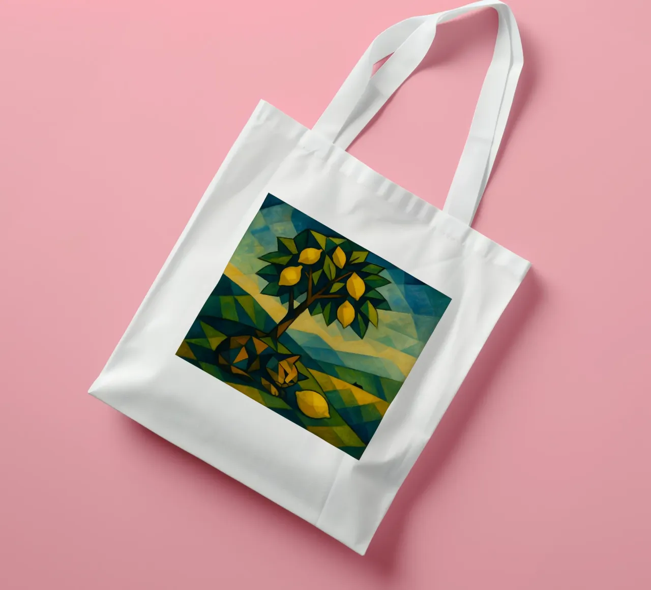 Cubist Lemon Hill with Distant Cat borsa in juta da LemonCat Studio