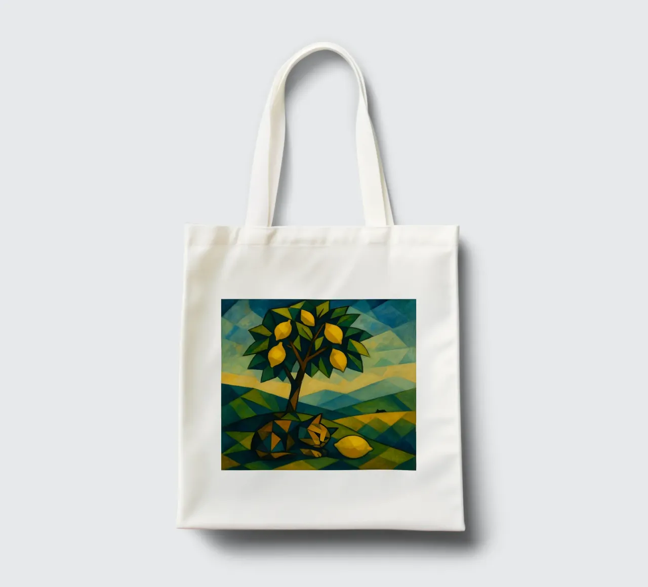 Cubist Lemon Hill with Distant Cat borsa in juta da LemonCat Studio