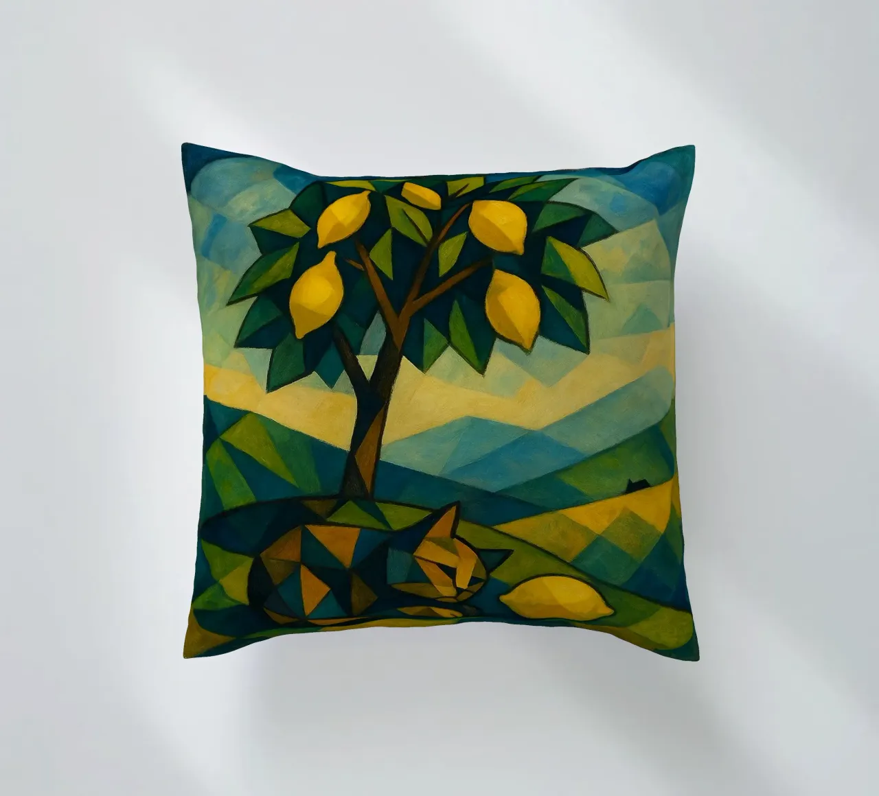 Cubist Lemon Hill with Distant Cat cuscino da LemonCat Studio