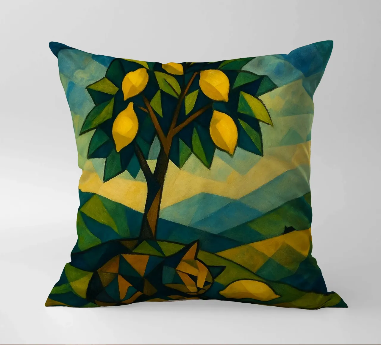 Cubist Lemon Hill with Distant Cat cuscino da LemonCat Studio