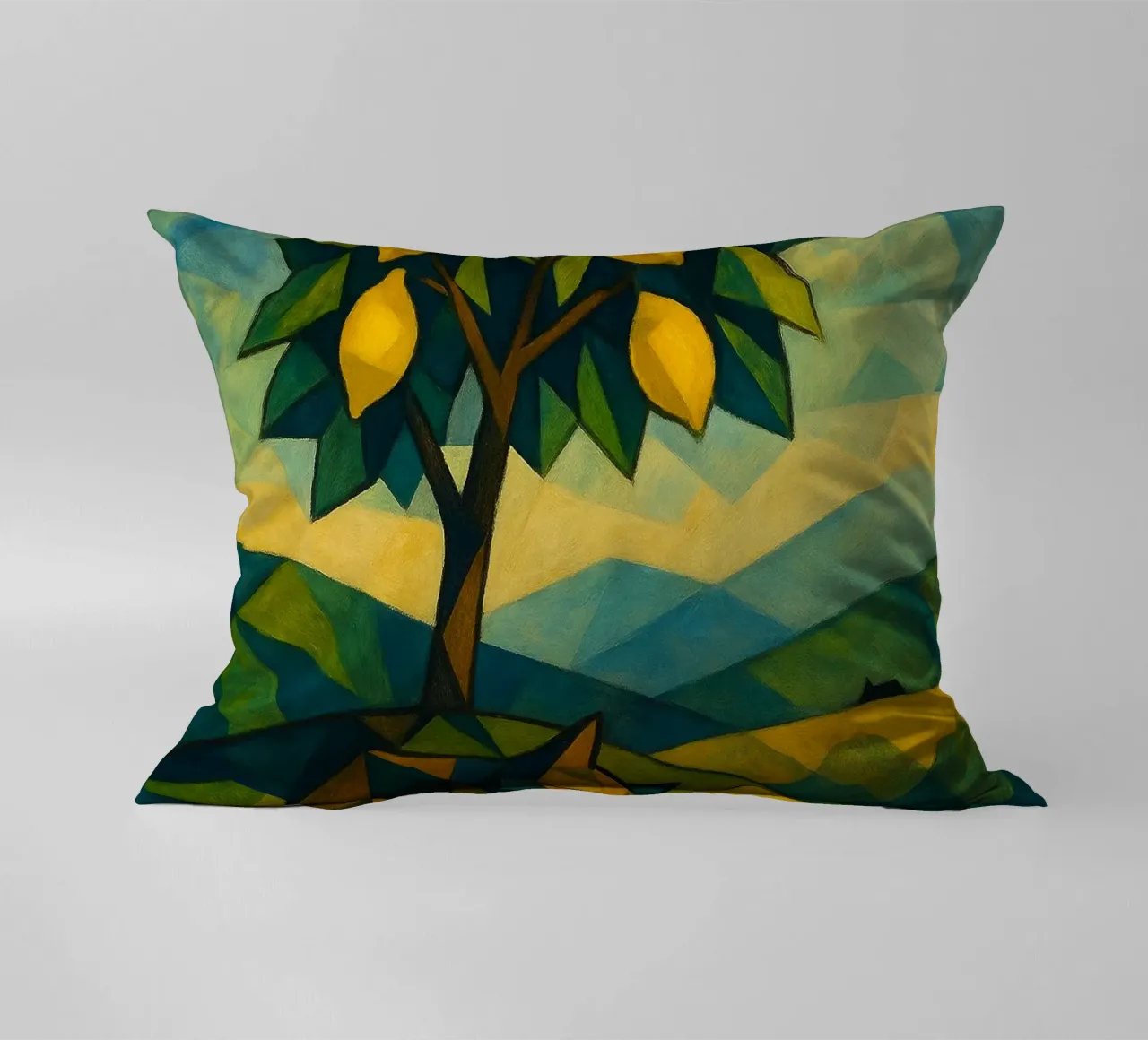 Cubist Lemon Hill with Distant Cat cuscino da LemonCat Studio