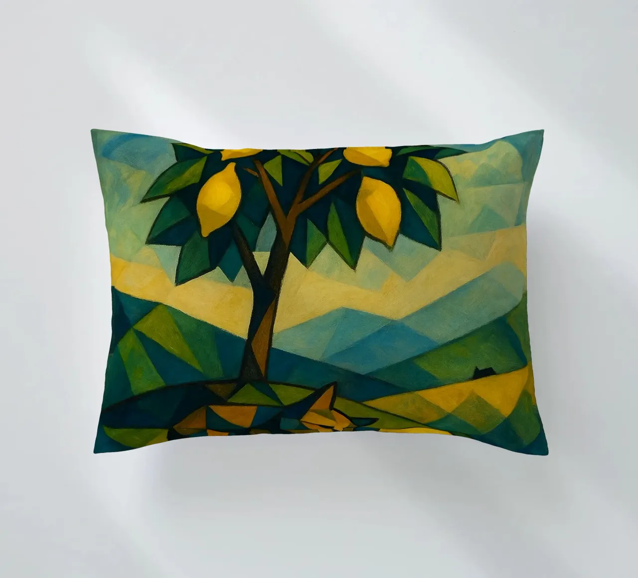 Cubist Lemon Hill with Distant Cat cuscino da LemonCat Studio