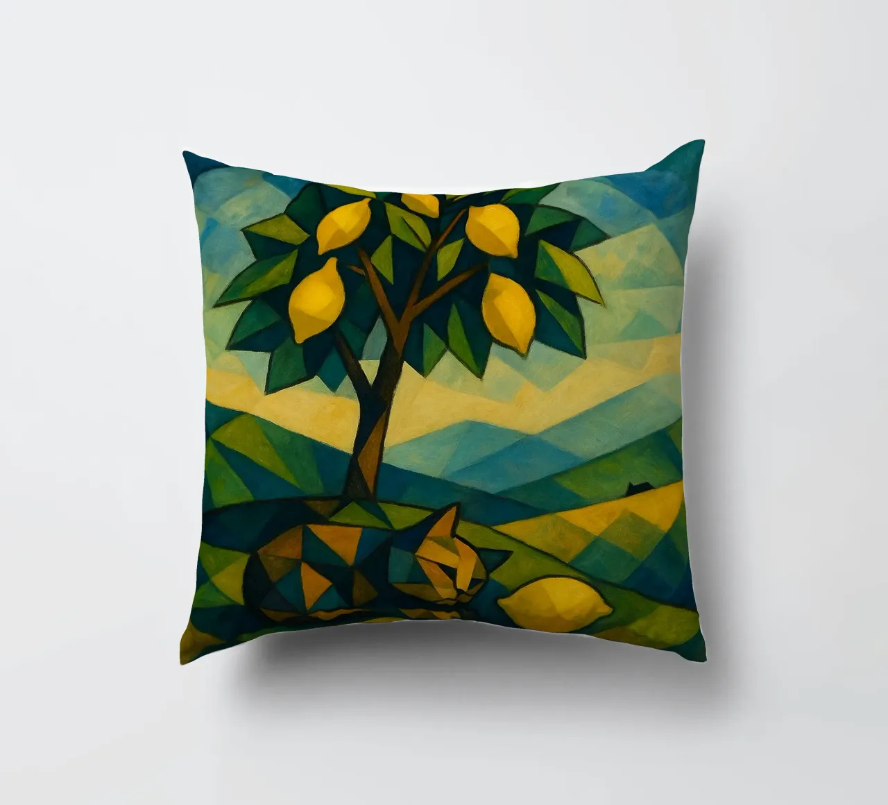 Cubist Lemon Hill with Distant Cat cuscino da LemonCat Studio