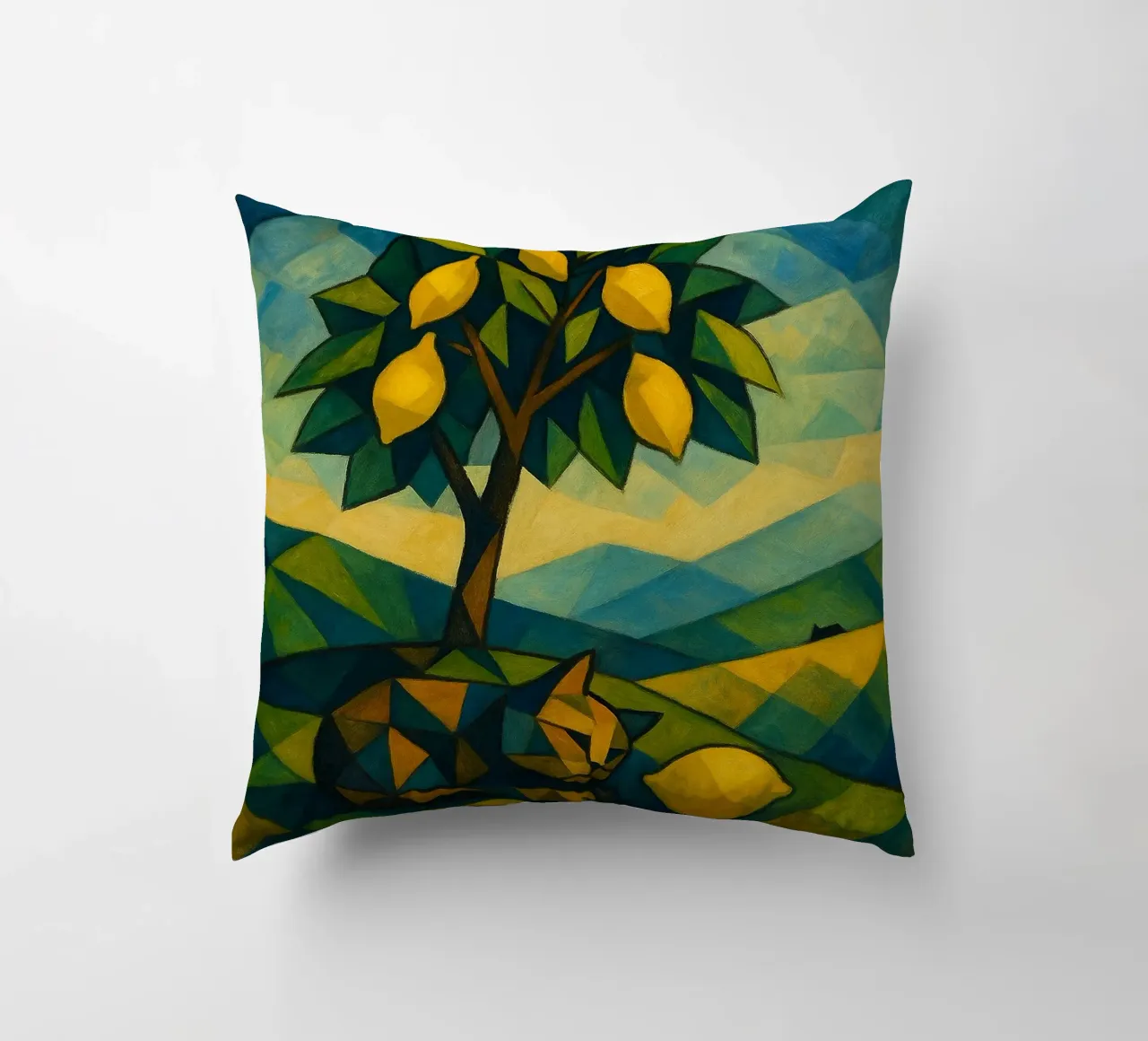 Cubist Lemon Hill with Distant Cat cuscino da LemonCat Studio