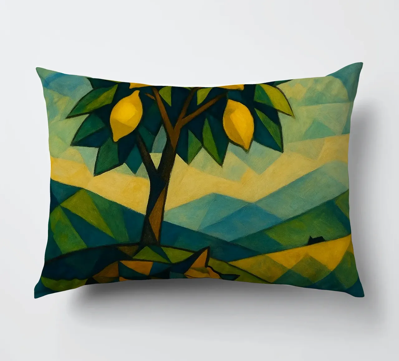 Cubist Lemon Hill with Distant Cat cuscino da LemonCat Studio