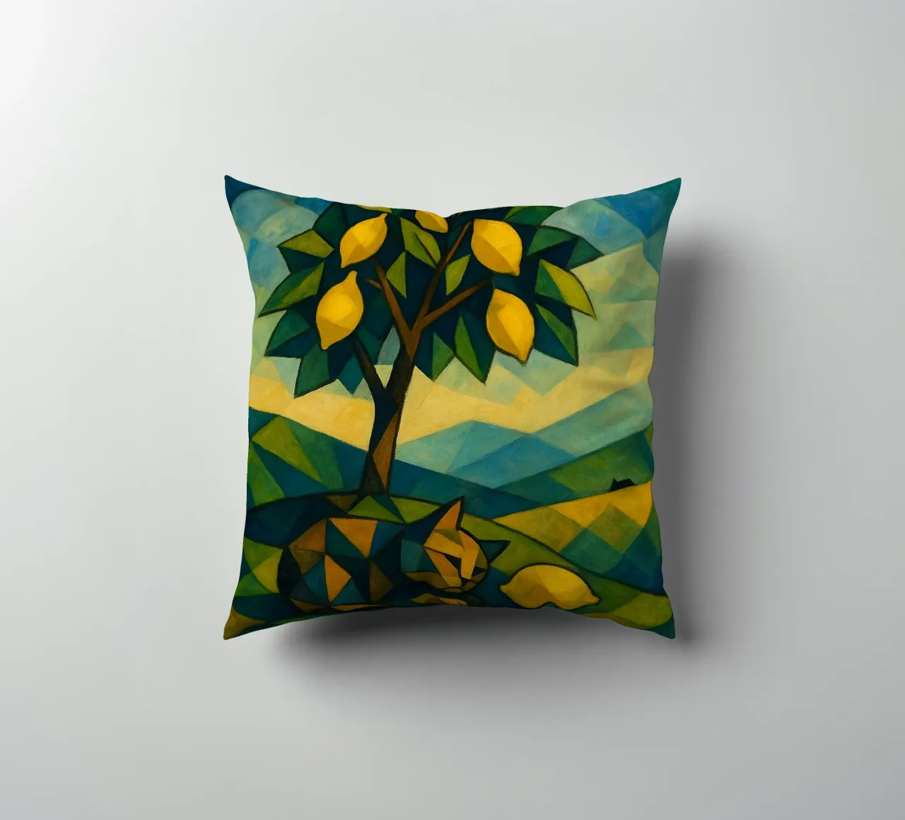 Cubist Lemon Hill with Distant Cat cuscino da LemonCat Studio